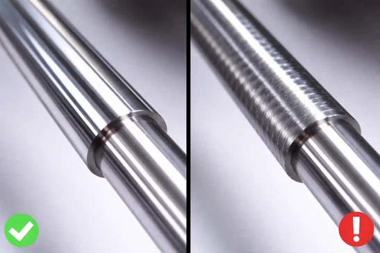 Comparison of a rejected slender shaft with severe chatter marks versus a perfectly machined precision medical shaft Comparison of a rejected slender shaft with severe chatter marks versus a perfectly machined precision medical shaft