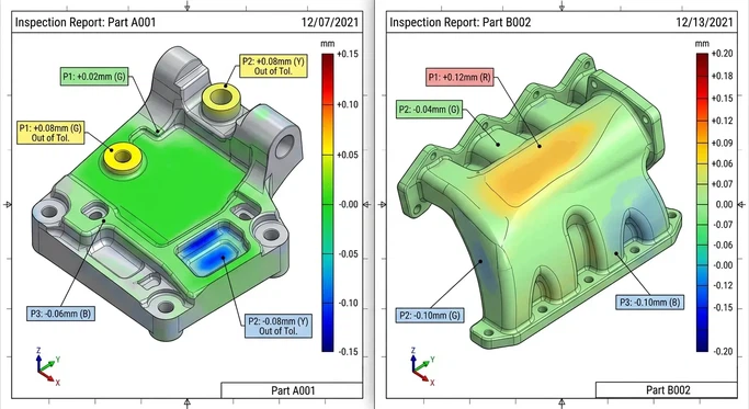 Detailed CMM inspection report displaying GD&T analysis and color map for precision machined components Detailed CMM inspection report displaying GD&T analysis and color map for precision machined components